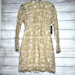 NWT Venus Backless High Neck Nude Cream and Gold Lace Cocktail Dress Size 8